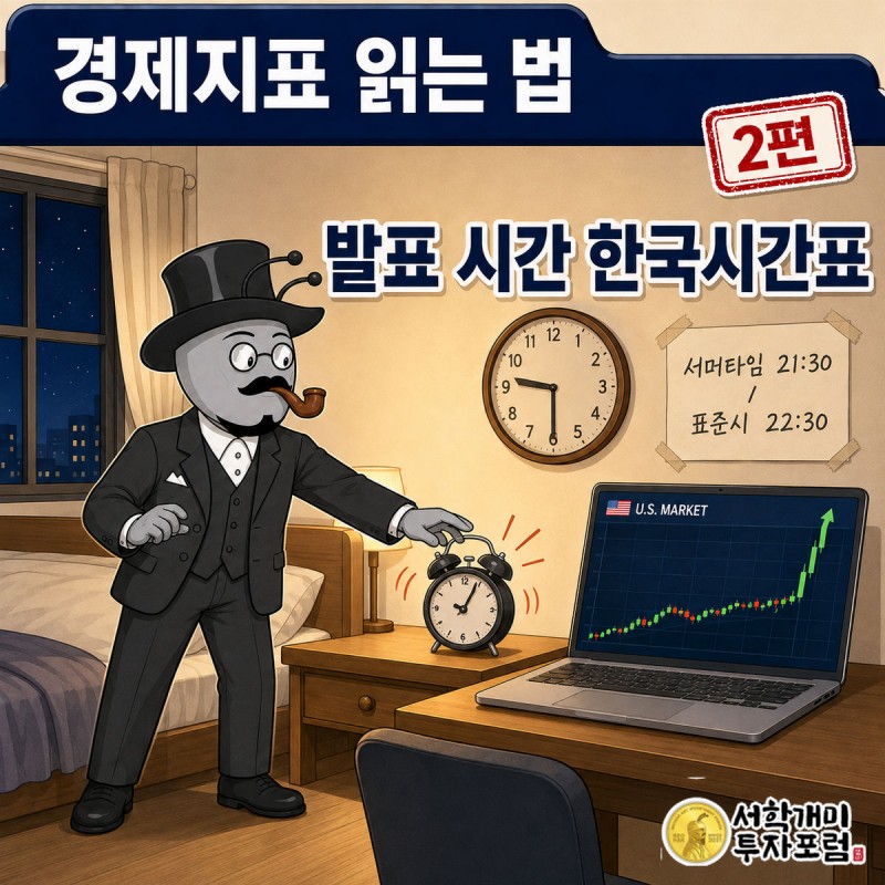 경제지표 읽는 법 2편 커버. 부자개미가 침대 옆 알람시계를 손가락으로 짚으며 밤 9시 반을 가리키는 장면