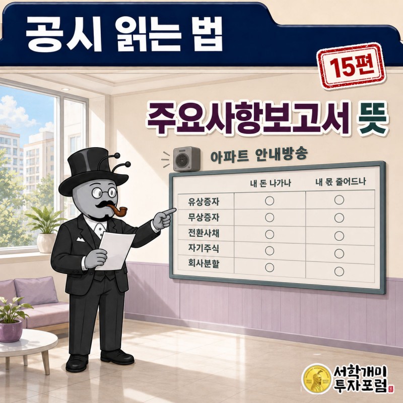 공시 읽는 법 15편 커버. 부자개미가 아파트 관리사무소 안내방송 스피커 앞에서 방송문 종이를 들고 확인하는 장면
