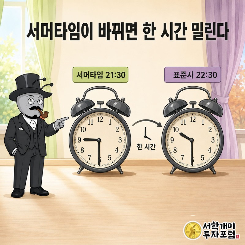 부자개미가 알람시계 두 개를 나란히 놓고 하나는 9시 반, 다른 하나는 10시 반을 가리키는 걸 비교하는 장면
