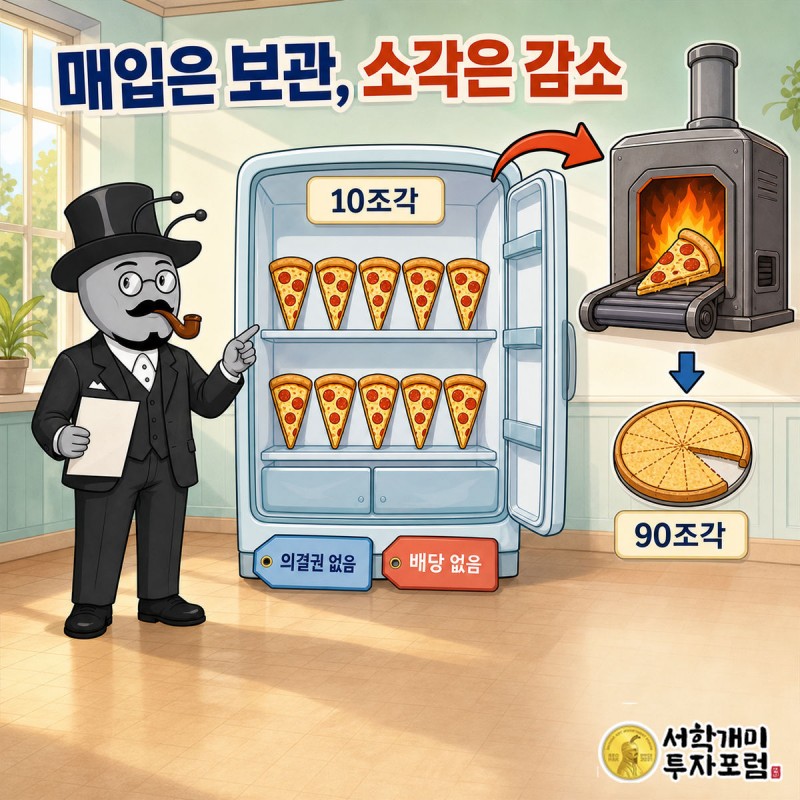 냉장고 속 피자 조각 10개에 투표 금지·배당 없음 딱지가 붙어 있고, 옆에서 조각을 태우자 판이 90조각으로 바뀌는 장면
