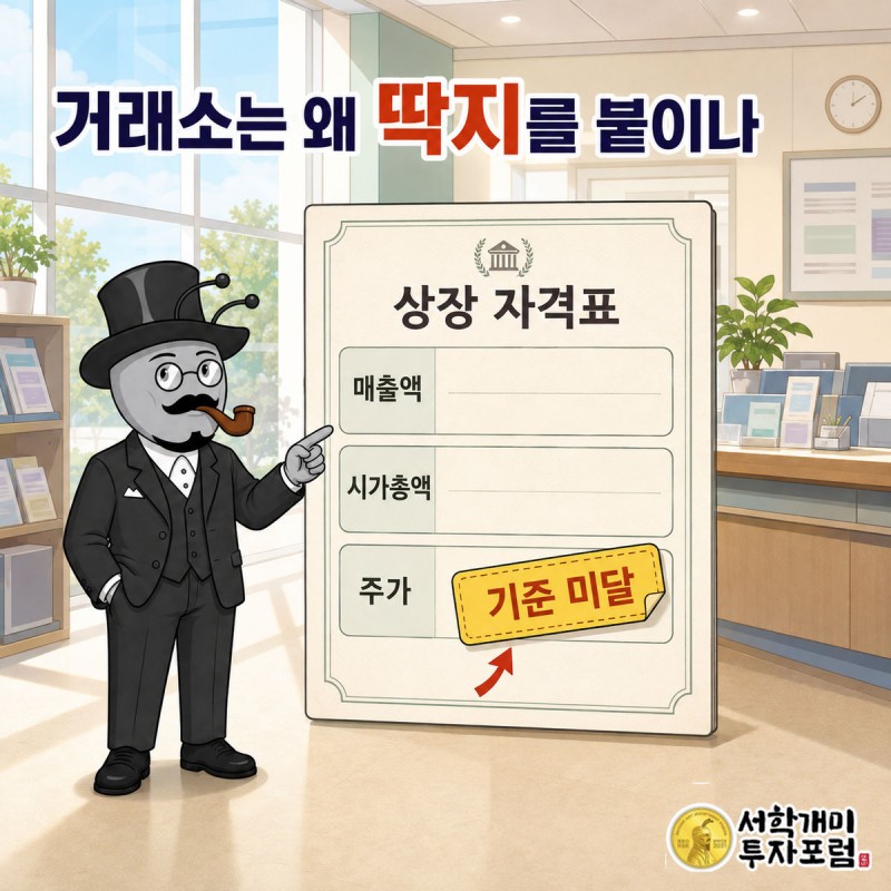 운전면허 벌점 카드처럼 생긴 상장 자격표에 매출액·시가총액·주가 칸이 있고, 미달한 칸에 노란 딱지가 붙는 장면