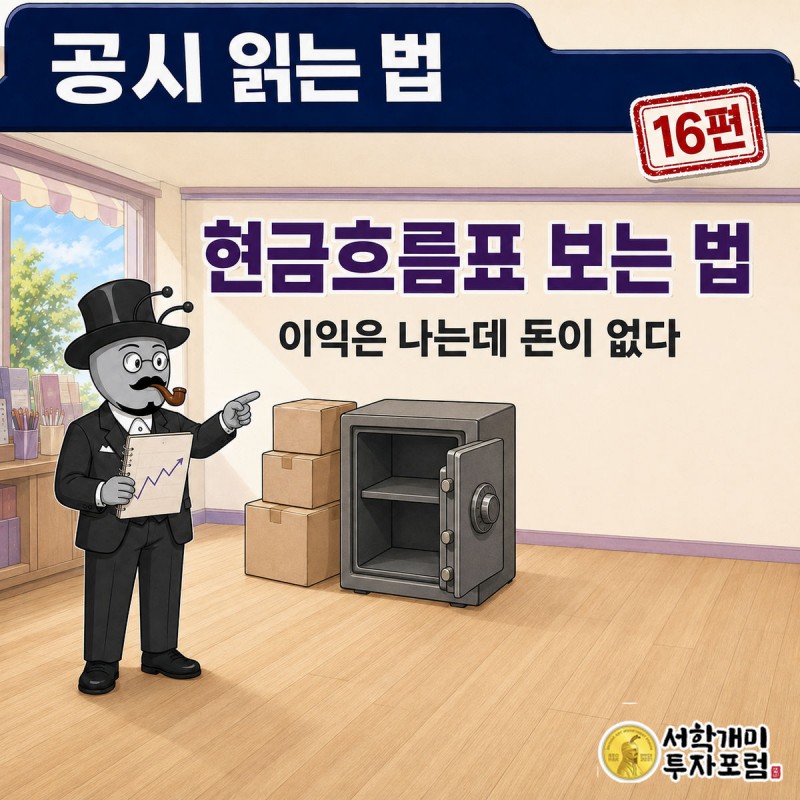 공시 읽는 법 16편 커버. 부자개미가 문구점 계산대에서 외상 장부와 열린 금고를 양손에 들고 견주어 보는 장면
