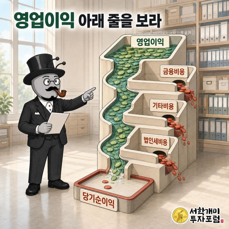 손익계산서를 계단으로 그린 장면. 영업이익 계단 아래로 금융비용·손상차손·법인세·중단영업 네 계단이 내려가고 맨 아래 당기순이익이 마이너스가 되는 그림
