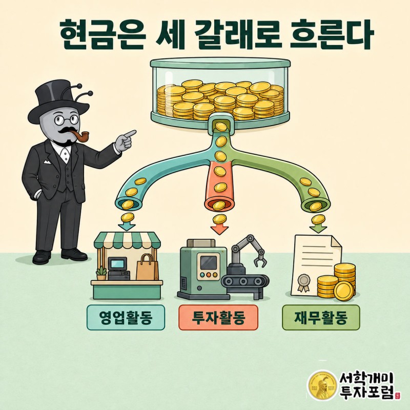동전이 영업활동·투자활동·재무활동 세 개의 관을 타고 각각 다른 방향으로 흘러가는 장면