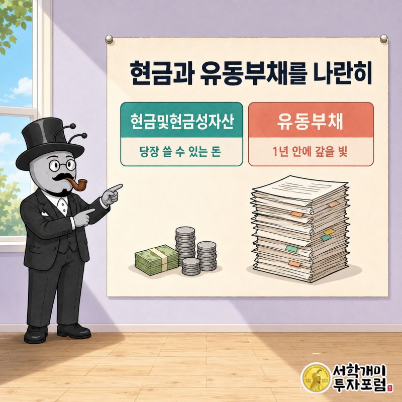 부자개미가 재무상태표에서 현금및현금성자산 줄과 유동부채 줄을 두 손가락으로 나란히 짚는 장면