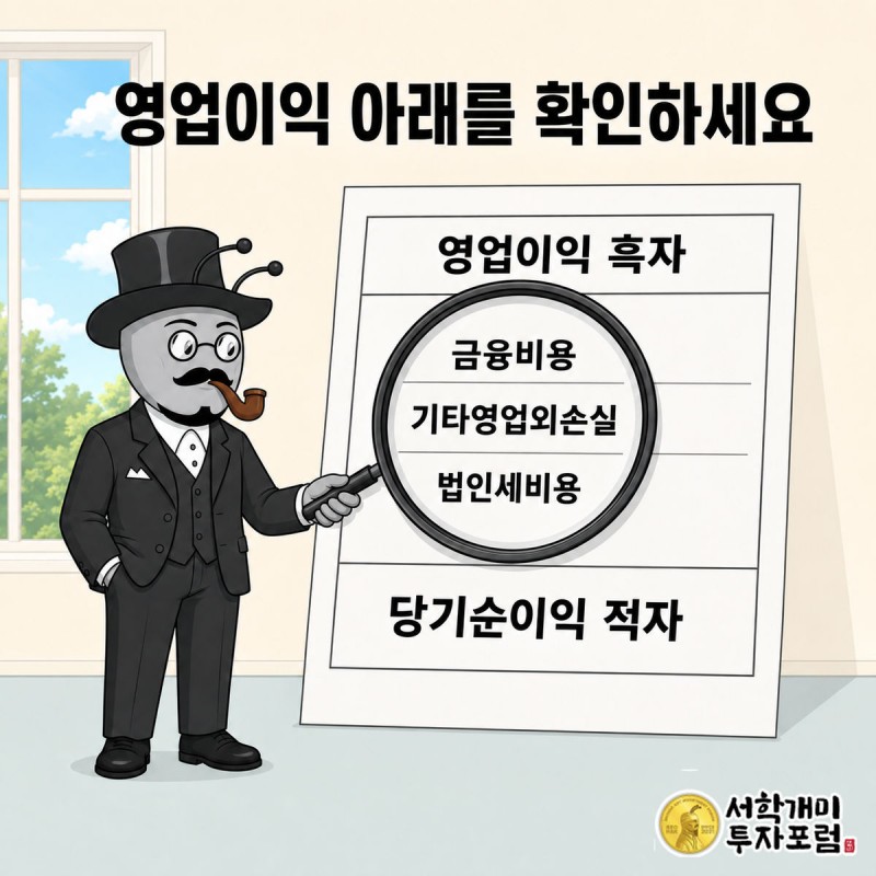 부자개미가 손익계산서를 펼치고 영업이익 줄과 당기순이익 줄 사이의 이자 항목을 돋보기로 짚는 장면