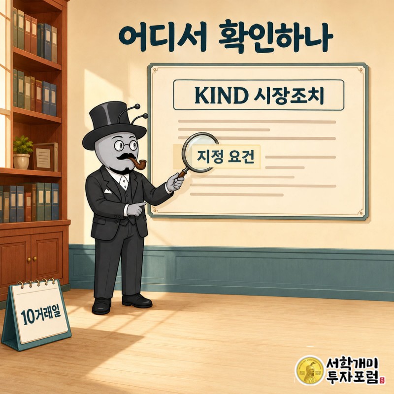 부자개미가 KIND 시장조치 문서에서 투자경고종목 지정 요건 절을 돋보기로 짚는 장면. 옆에 10거래일 달력이 있다