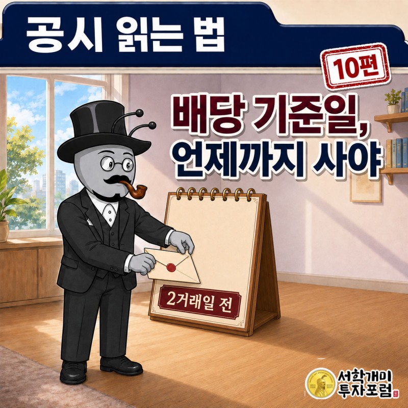 공시 읽는 법 10편 커버. 부자개미가 잔치 초대 명단 마감일이 적힌 달력 앞에서 봉투를 들고 있는 장면