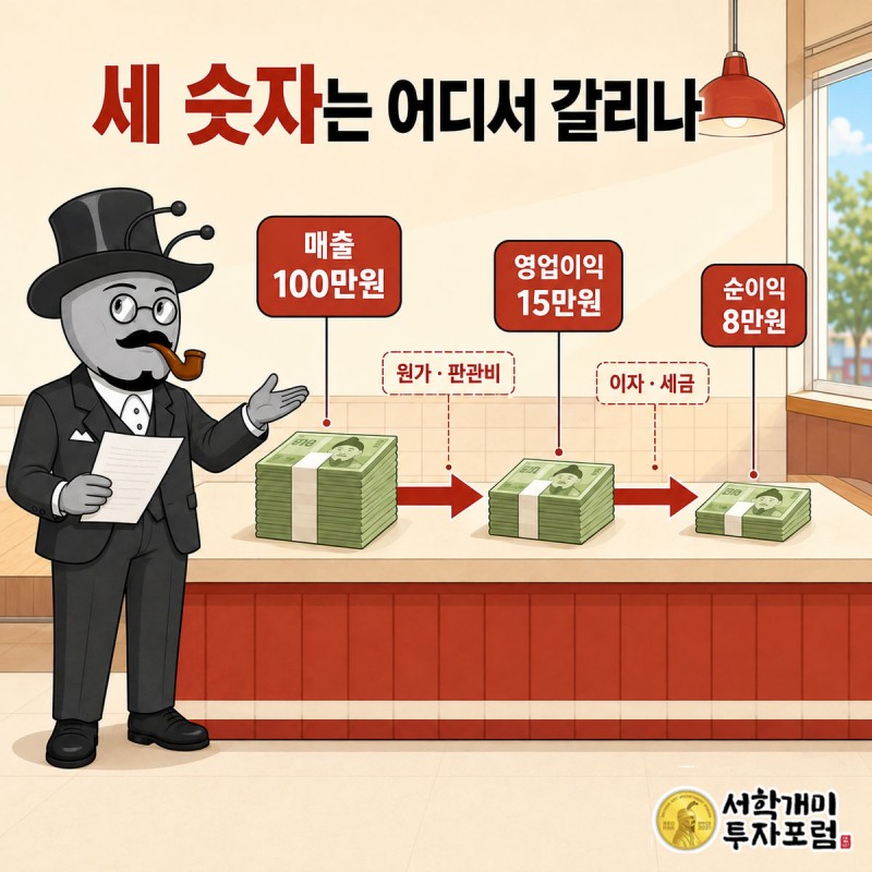 치킨집 계산대에서 100만원 돈다발이 매출·영업이익·순이익 세 칸으로 갈수록 얇아지는 장면. 칸마다 빠져나가는 항목 라벨이 붙어 있다