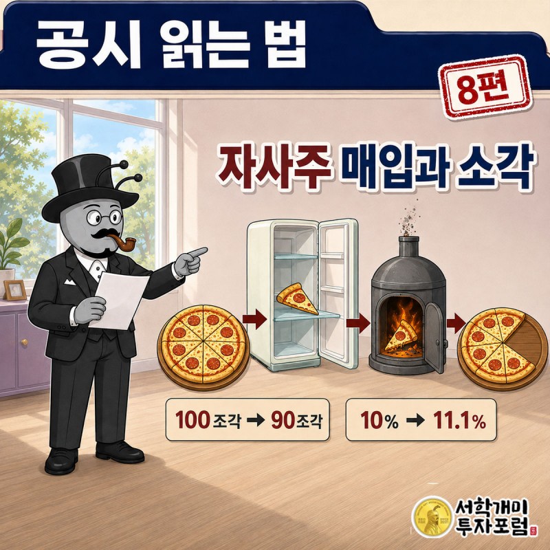 공시 읽는 법 8편 커버. 부자개미가 시장에 팔렸던 피자 조각을 되사서 냉장고에 넣는 장면과, 그 조각을 태워 없애는 장면이 나란히 있다
