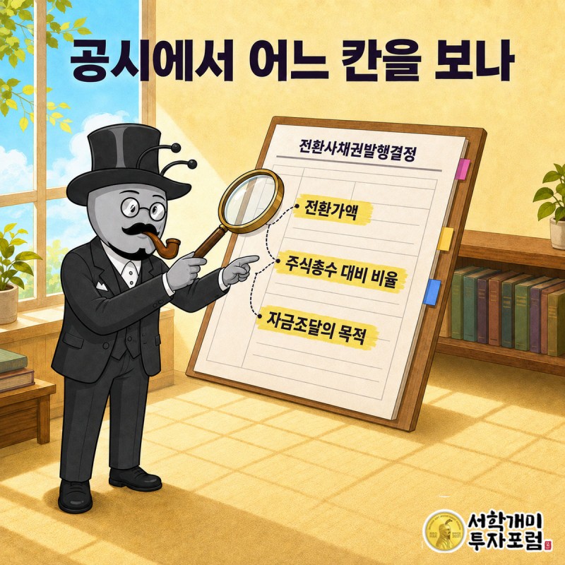 부자개미가 전환사채권발행결정 공시에서 전환가액 칸과 주식총수 대비 비율 칸을 돋보기로 짚는 장면