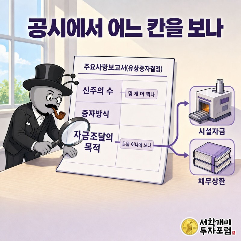 부자개미가 유상증자결정 공시의 자금조달의 목적 칸을 돋보기로 짚는 장면. 시설자금과 채무상환 두 줄이 보인다