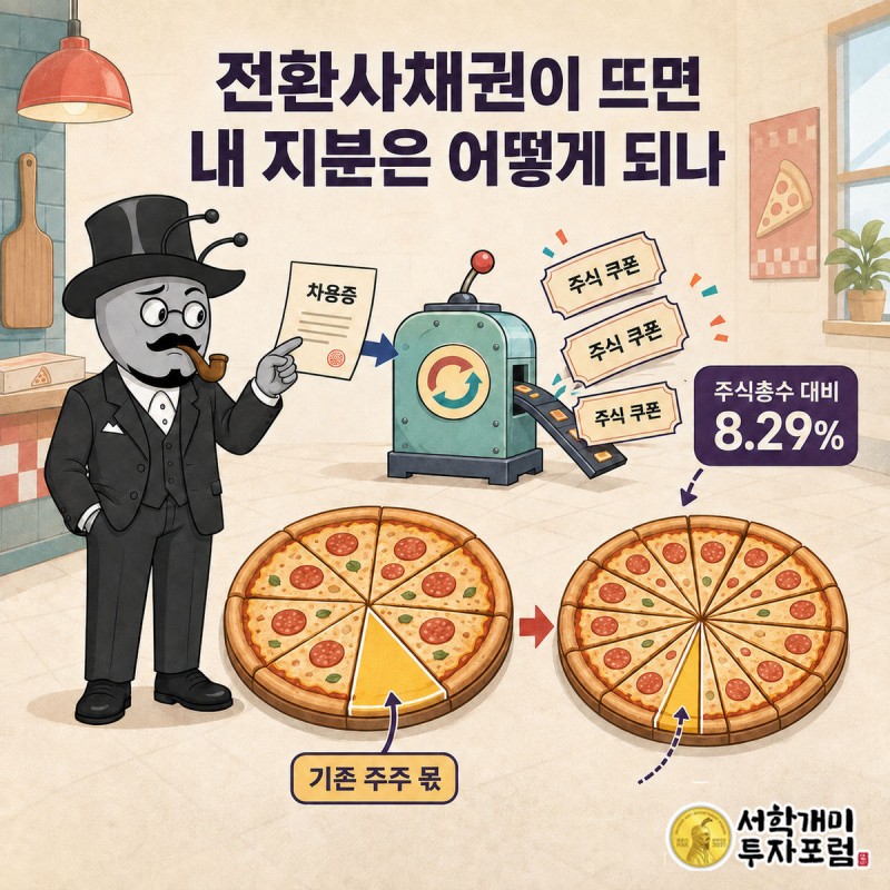 차용증 한 장이 주식 쿠폰으로 바뀌면서 피자 조각이 늘어나고, 부자개미의 조각 몫이 줄어드는 장면