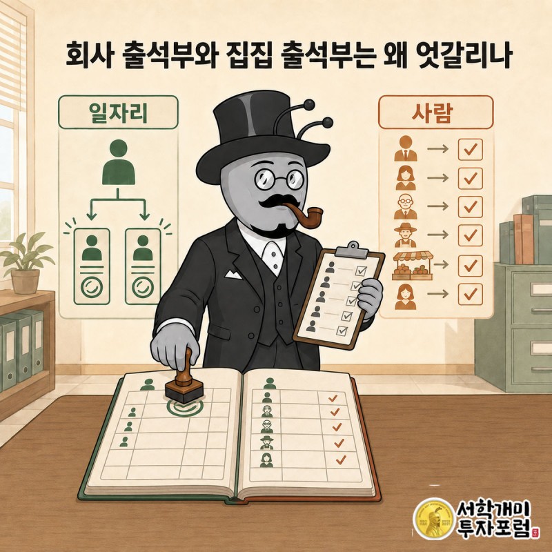 부자개미가 회사 출석부에는 도장을, 집집 출석부에는 체크 표시를 나눠 찍는 장면