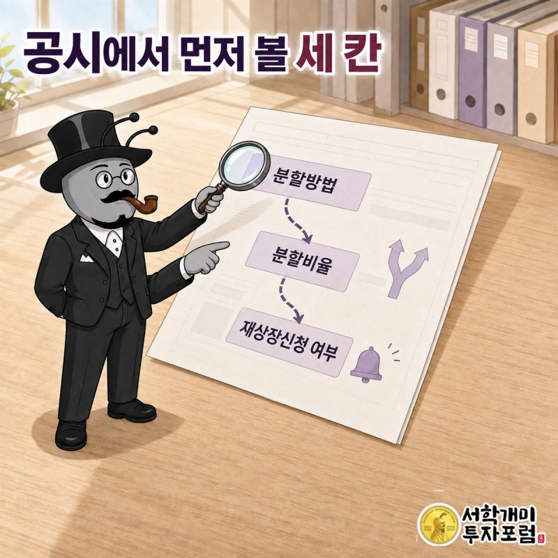 부자개미가 회사분할결정 공시에서 분할방법 칸과 분할비율 칸을 돋보기로 짚는 장면