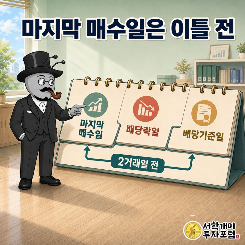 달력에 기준일이 표시돼 있고, 그 이틀 전 칸에 부자개미가 신청서를 넣는 장면. 하루 전 칸에는 배당락 표시가 있다