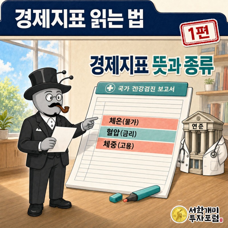 경제지표 읽는 법 1편 커버. 부자개미가 병원 건강검진표처럼 생긴 서류를 들고 체온·혈압·체중 칸을 손가락으로 짚는 장면