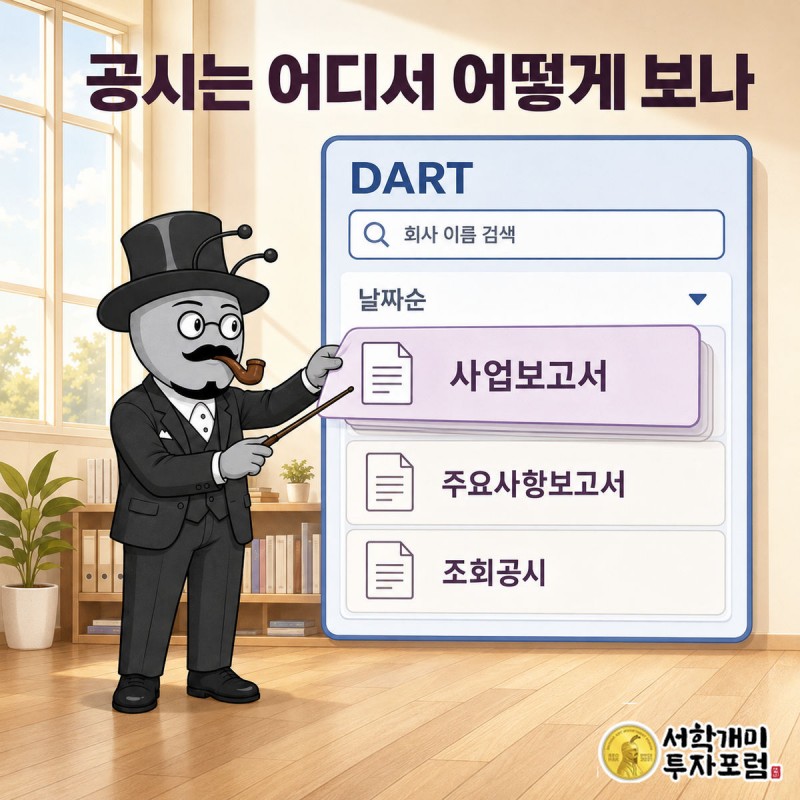 부자개미가 DART 검색창에 회사 이름을 넣고, 날짜순으로 쌓인 보고서 목록에서 사업보고서 한 장을 뽑아 드는 장면