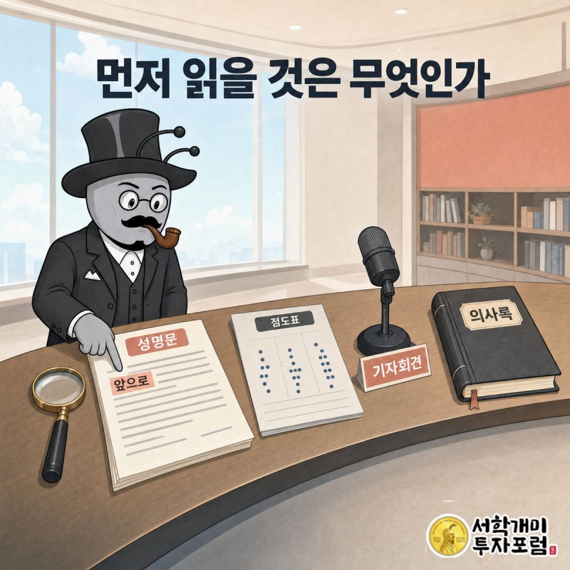 부자개미가 네 칸으로 나뉜 표 앞에서 성명문 칸에 손가락을 짚고 나머지 세 칸은 옆으로 밀어 두는 장면