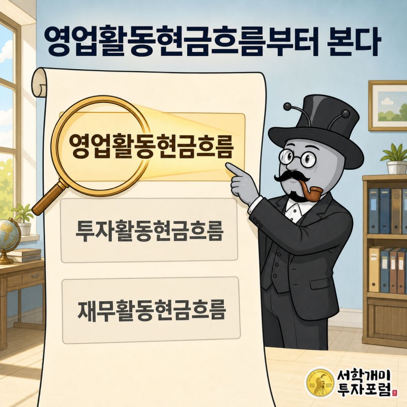 부자개미가 현금흐름표에서 영업활동현금흐름 줄을 손가락으로 짚어보는 장면