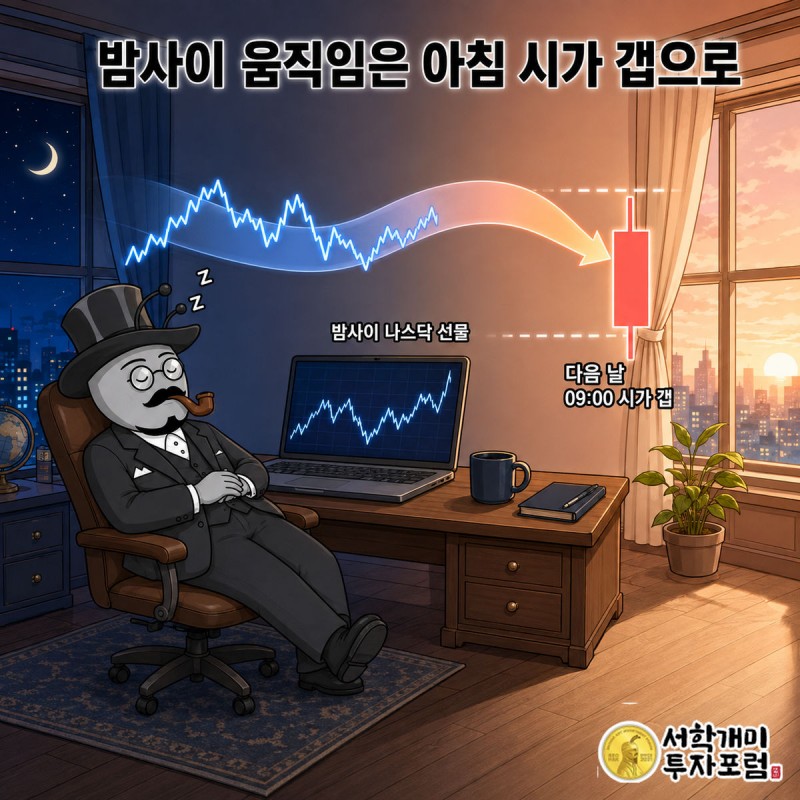 부자개미가 잠든 사이 나스닥 선물 그래프가 오르내리다가, 아침 코스피 시가 캔들 하나로 그 폭이 한꺼번에 반영되는 장면