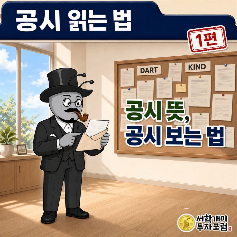 공시 읽는 법 1편 커버. 부자개미가 회사에서 온 편지 봉투를 뜯어 보는 장면