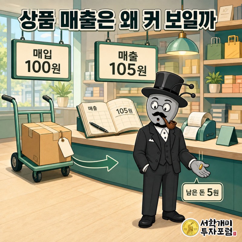 100원짜리 상자를 사와 105원에 파는 장면. 매출 장부에는 105원이 통째로 적히고, 실제 남은 돈은 5원짜리 동전 하나