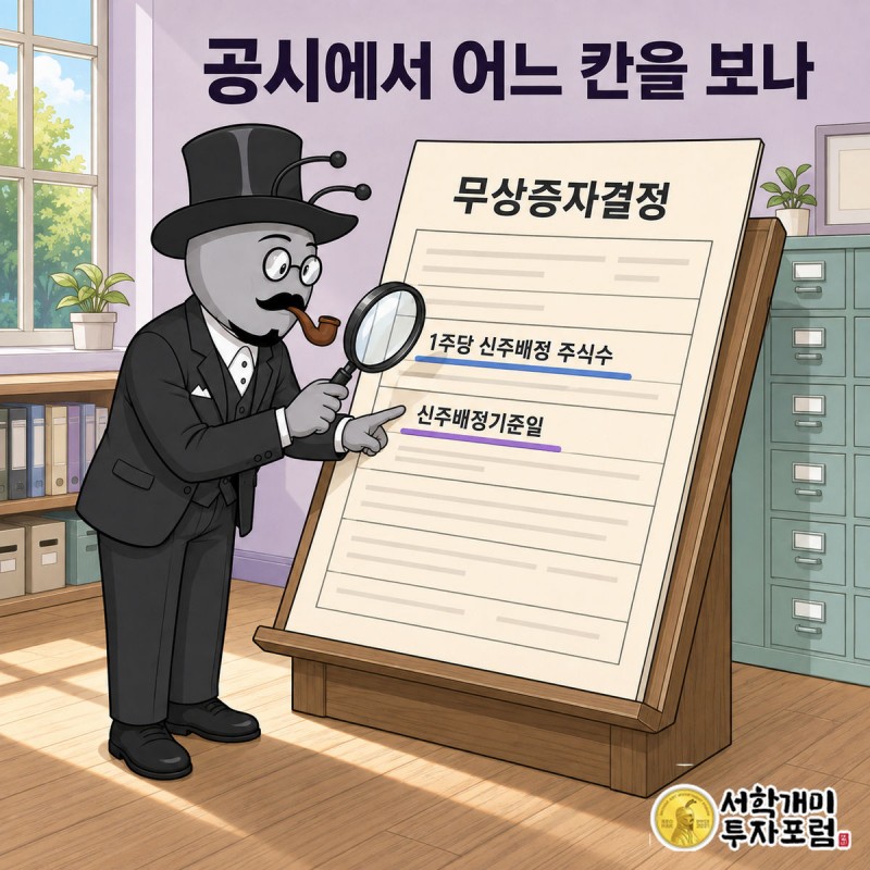 부자개미가 무상증자결정 공시에서 1주당 신주배정 주식수 칸과 신주배정기준일 칸을 돋보기로 짚는 장면