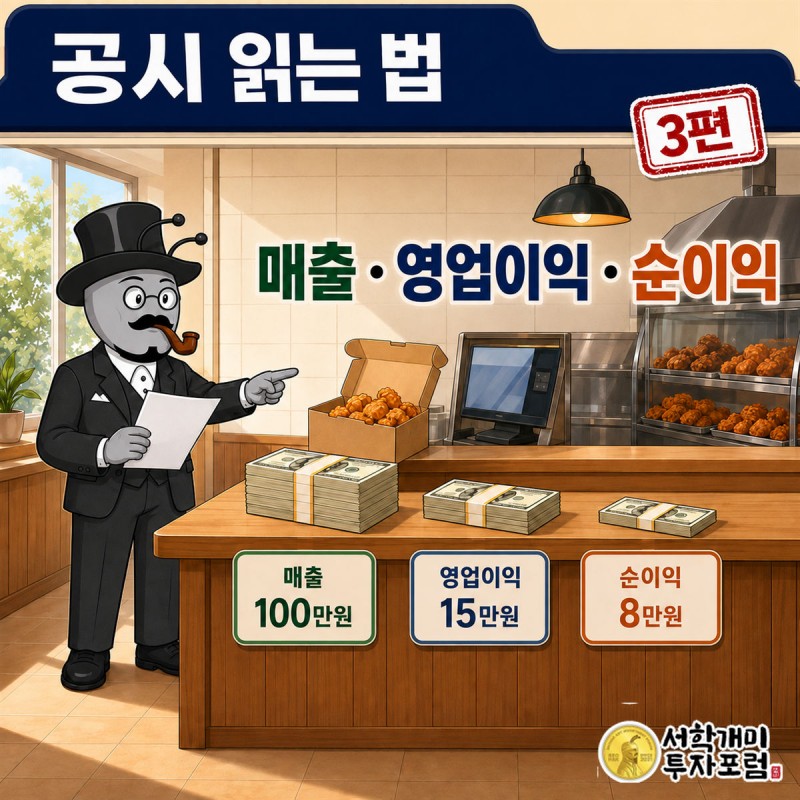 공시 읽는 법 3편 커버. 부자개미가 치킨집 계산대 옆에서 돈다발이 세 단계로 줄어드는 것을 가리키는 장면