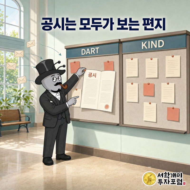 회사가 주인들에게 편지를 보내는 대신 커다란 게시판 두 개에 붙이는 장면. 게시판 이름은 DART와 KIND