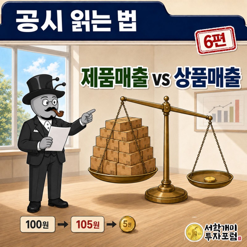 매출 5,000억 저울과 매출 500억 저울이 같은 무게로 균형을 이룬 장면. 큰 접시 위 상자 대부분에 