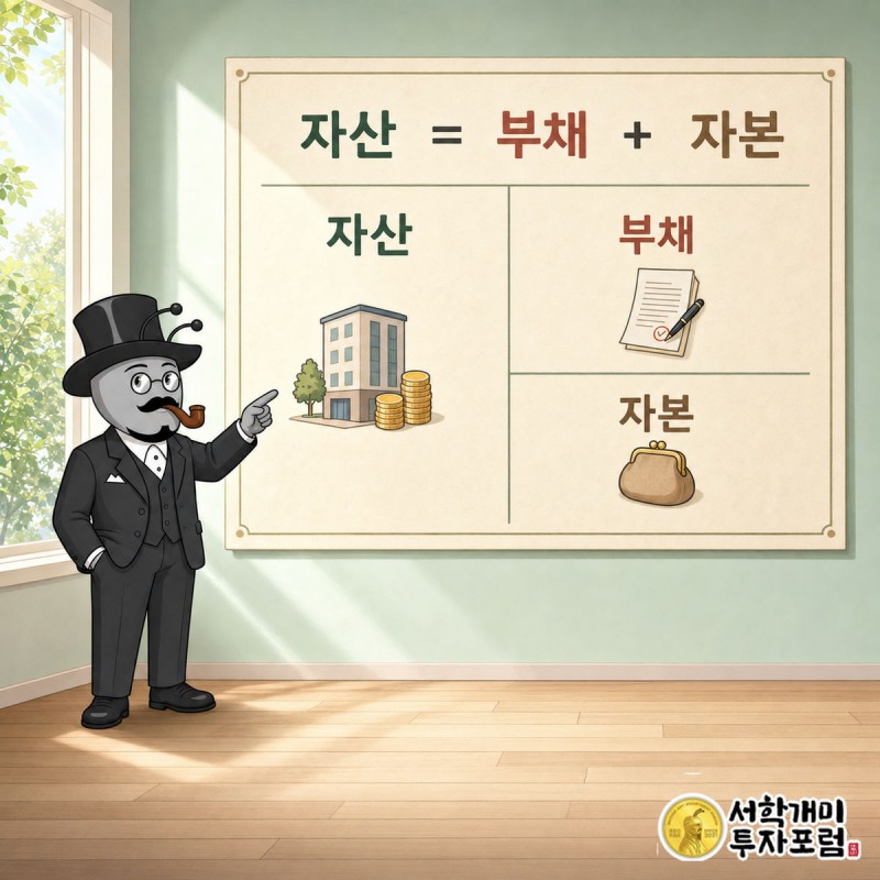 종이 한 장이 세로줄로 나뉘어 왼쪽에 자산, 오른쪽 위에 부채, 오른쪽 아래에 자본이 적혀 있고, 양쪽 합계가 같다는 등호가 그려진 장면