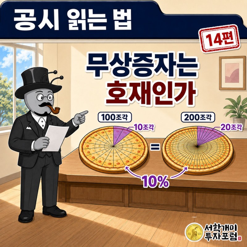 공시 읽는 법 14편 커버. 부자개미가 피자 한 판을 같은 크기에서 더 잘게 자르는데 판은 그대로인 장면