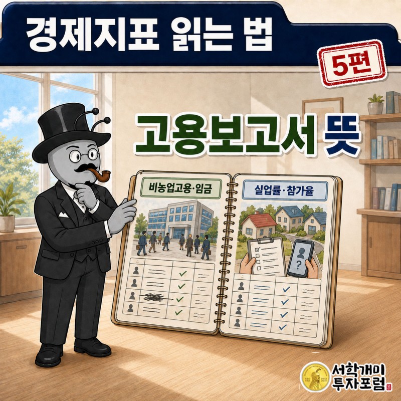 경제지표 읽는 법 5편 커버. 부자개미가 회사 출석부와 집집마다 묻는 출석부 두 권을 양손에 들고 나란히 비교하는 장면