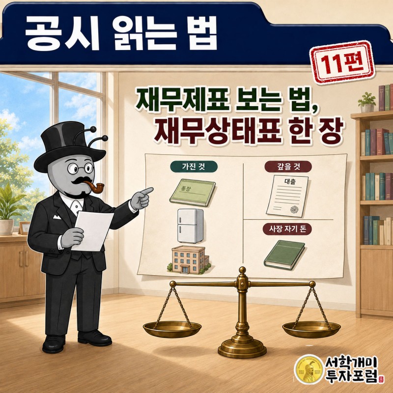 공시 읽는 법 11편 커버. 부자개미가 가게 살림살이를 왼쪽 재산, 오른쪽 빚과 내 돈으로 나눠 놓은 양팔저울 앞에 서 있는 장면
