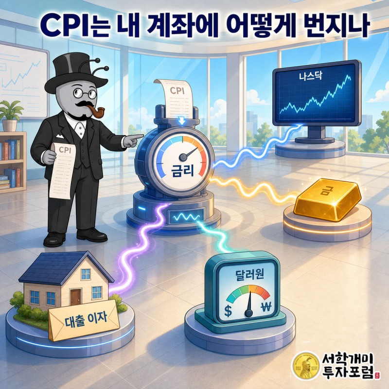 부자개미가 나스닥·금·달러원 세 개의 화면을 번갈아 보며 저울을 든 장면