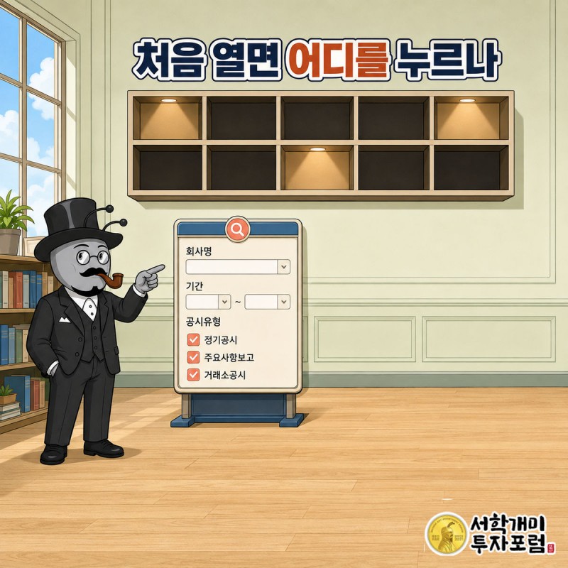 도서관 안내 데스크에 저자·기간·종류 세 칸이 있고, 종류 서가 열 개 중 세 개에만 불이 켜진 장면