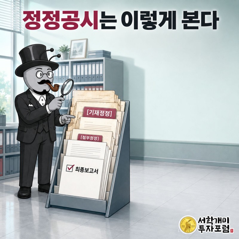 부자개미가 검색 결과 목록에서 기재정정 표시가 붙은 문서와 최종보고서 체크박스를 돋보기로 짚는 장면