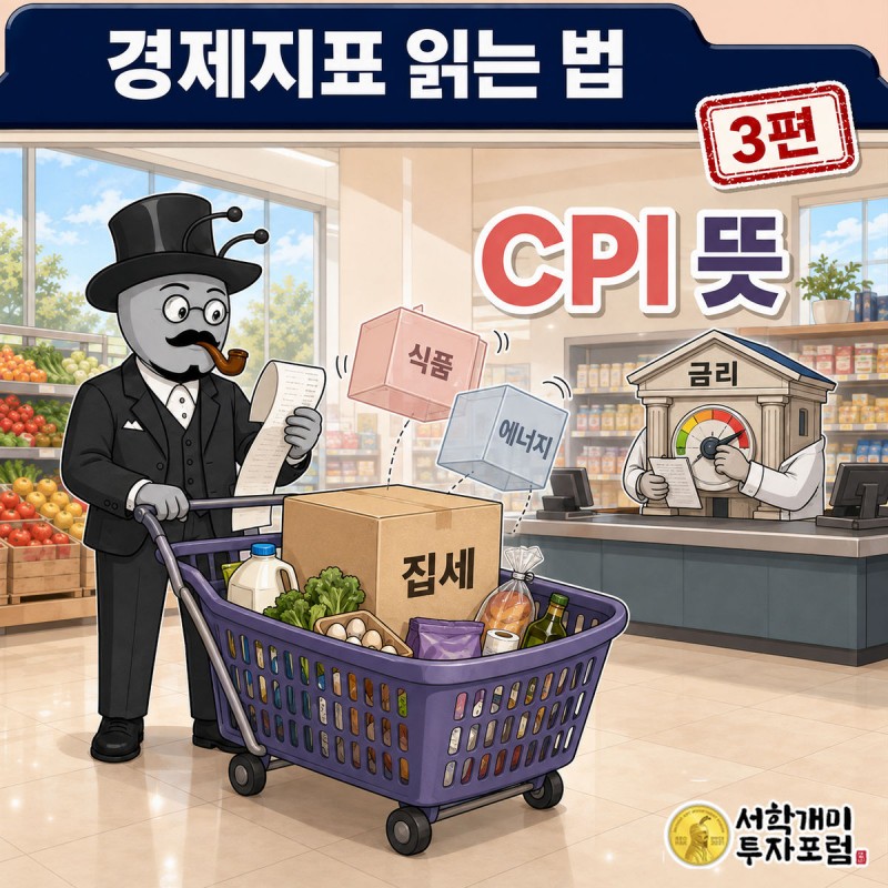 경제지표 읽는 법 3편 커버. 부자개미가 장바구니를 들고 마트 진열대 앞에서 가격표를 하나씩 적는 장면