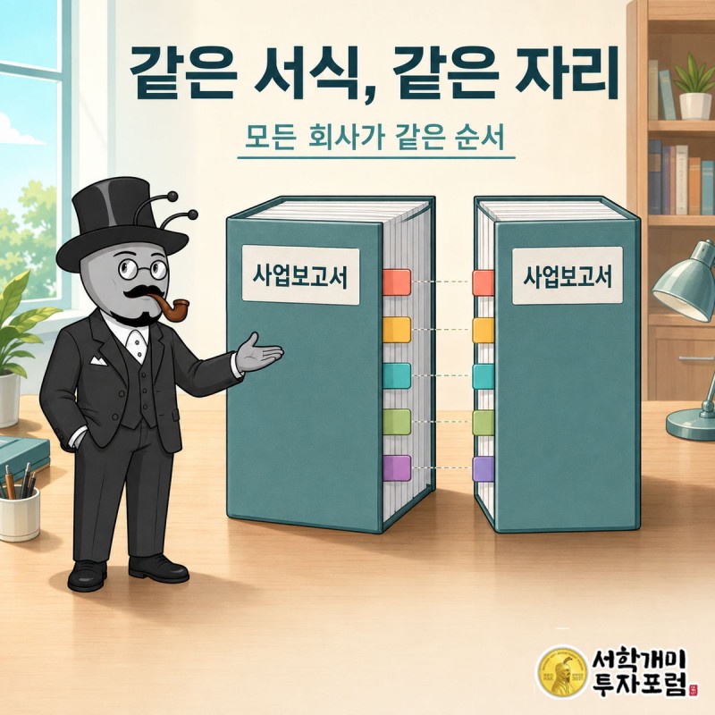 같은 서식의 사업보고서 두 권이 나란히 놓여 있고, 같은 위치에 같은 색 포스트잇이 붙어 있는 장면