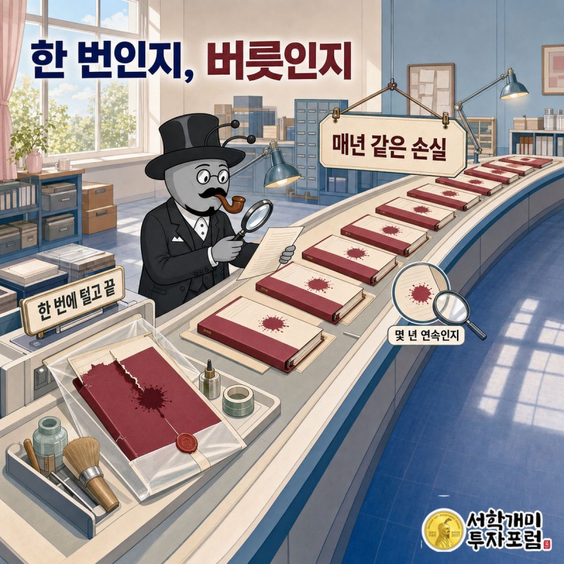 부자개미가 손익계산서에서 영업이익과 당기순이익 사이 다섯 줄을 돋보기로 훑으며 금융비용 줄에 표시를 하는 장면