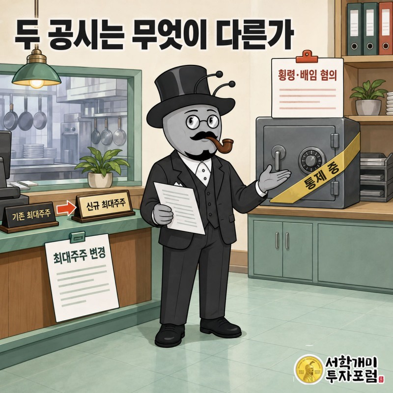 식당 주인 이름표가 서류철 위에서 바뀌는 장면과, 금고 앞에 노란 통제선이 쳐진 장면을 나란히 그린 그림