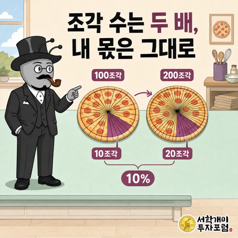 같은 크기의 피자 한 판이 100조각에서 200조각으로 잘리고, 부자개미의 10조각이 20조각이 됐지만 몫은 그대로 10%인 장면