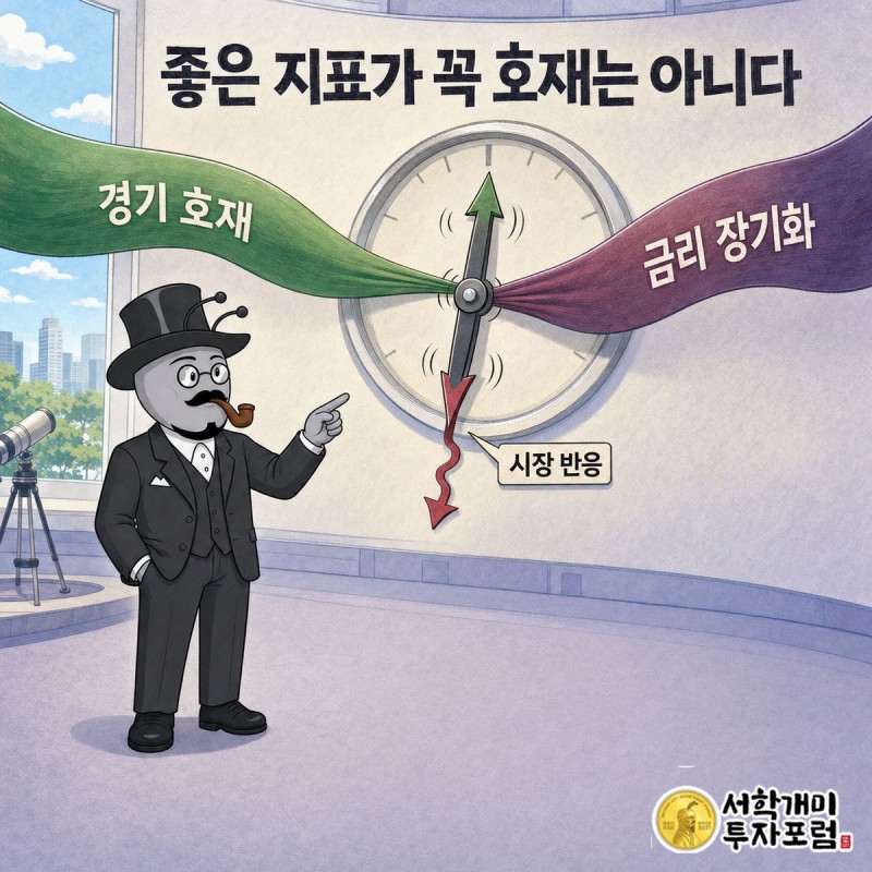 좋은 숫자가 나왔는데도 금리 부담이 이어져 시장이 흔들리는 역설을 저울로 보여 주는 장면