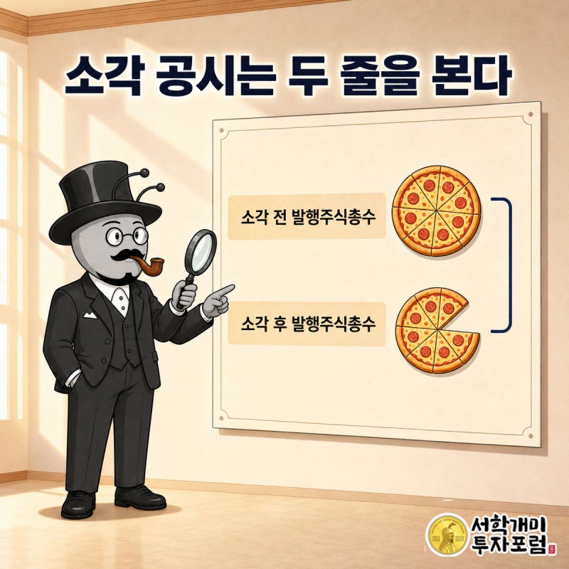부자개미가 주식 소각 결정 공시에서 소각 전 발행주식총수와 소각 후 총수 두 줄을 돋보기로 짚는 장면