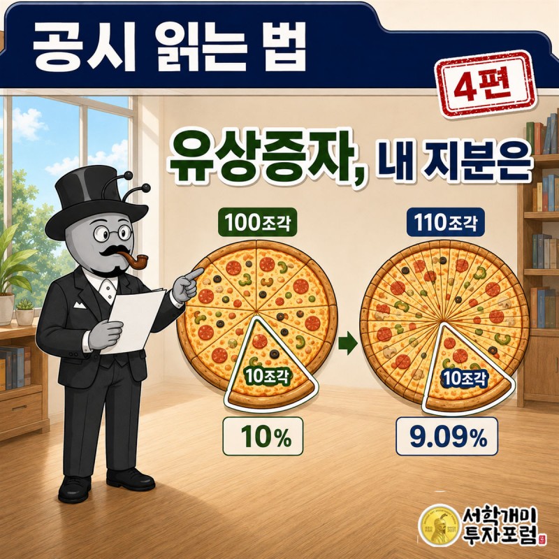 공시 읽는 법 4편 커버. 부자개미가 피자 한 판을 더 잘게 자르는 장면. 내 조각은 그대로인데 조각 수가 늘어난다