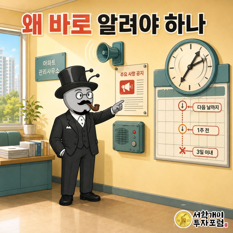 아파트 안내방송 스피커에서 서류 여러 장이 쏟아지고, 그중 세 장에만 빨간 딱지가 붙어 있는 장면