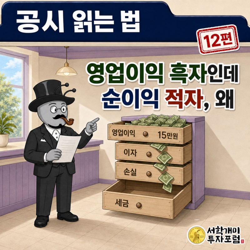 공시 읽는 법 12편 커버. 부자개미가 치킨집 계산대 아래 영업이익 서랍은 차 있는데 그 아래 이자·손실·세금 서랍이 비어 있는 장면