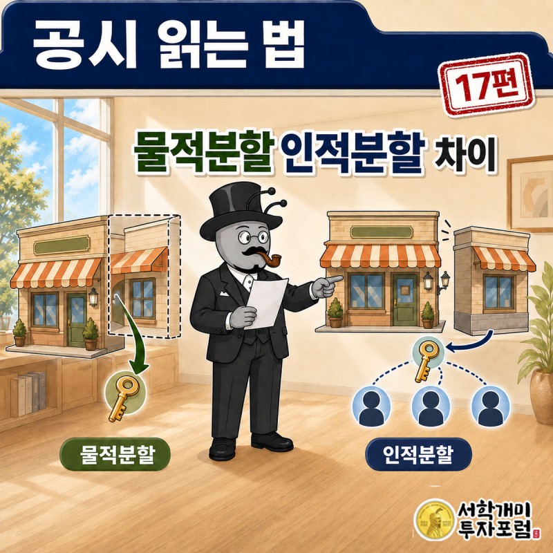 공시 읽는 법 17편 커버. 부자개미가 가게 한 칸을 벽으로 나누는 도면을 짚어보는 장면