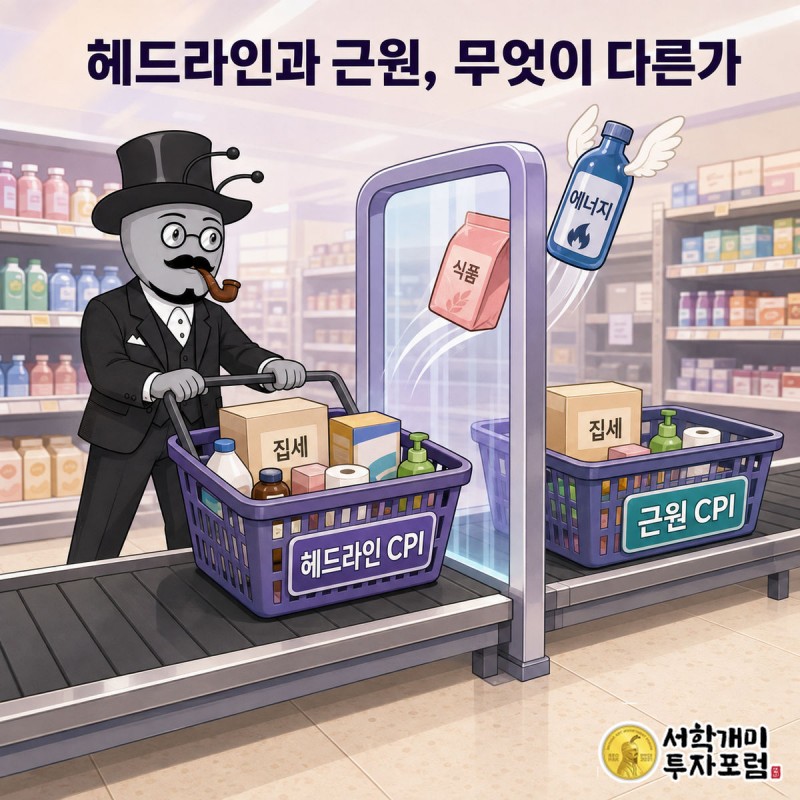 장바구니 안 품목 중 집세 칸이 가장 크게 그려지고 식품·에너지 칸에 물음표가 붙은 장면